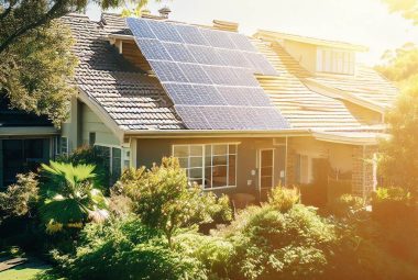 An image of a vibrant illustration showcasing a solar panel array, with sunlight beaming down on it as a display of DIY Solar Power Projects for a residential home.