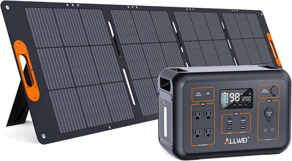 ALLWEI Solar Generator 1200W(Peak 2400W) with 1 * 200W Solar Panel, 1132Wh Portable Power Station, 4* AC Outlet, 6* PD60W USB Outlet, Solar Power Generator for RV/Van Camping Trip Emergency Home Use