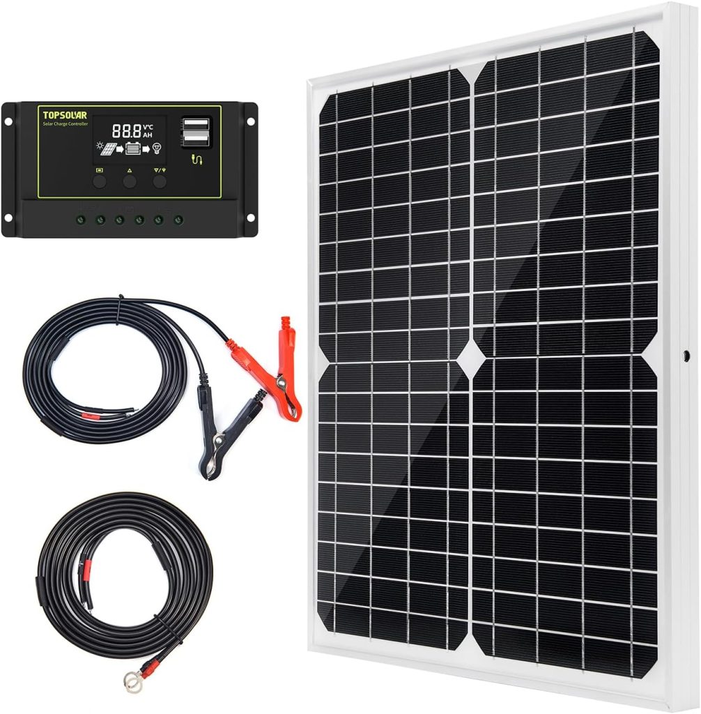 Topsolar Solar Panel Kit 20W 12V Monocrystalline with 10A Solar Charge Controller + Extension Cable with Battery Clips O-Ring Terminal for RV Marine Boat Off Grid System