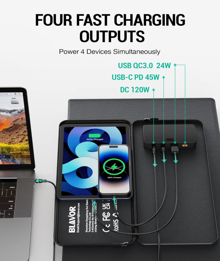 BLAVOR 120W Portable Solar Panels PD45W QC3.0 Fast Solar Charger DC18V 6.67A USB AC Output Compatible with Power Stations, Solar Generators, Phones, Tablets, for RV Camping, Off-Grid Road Trips