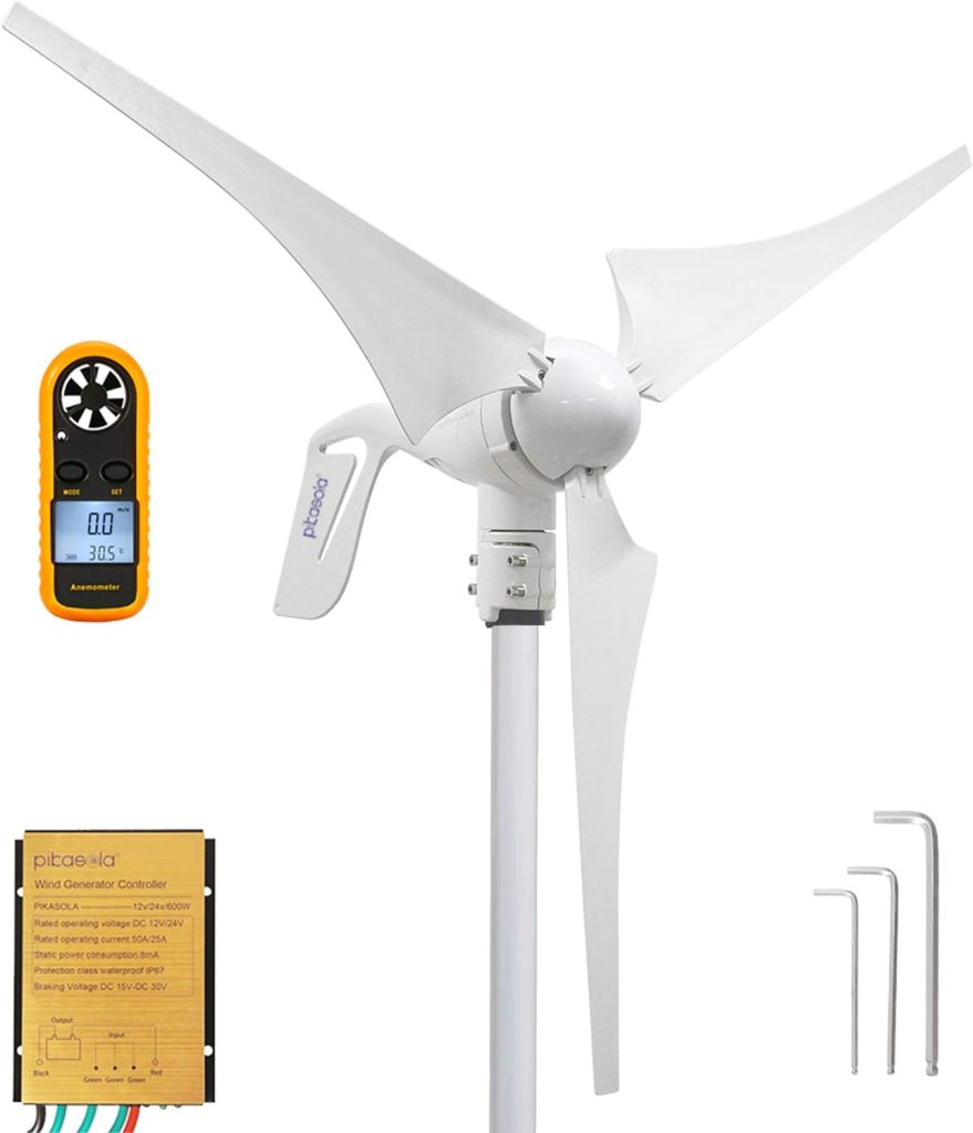 Pikasola Wind Turbine Generator 400W 12V with 3 Blade 2.5m/s Low Wind Speed Starting Wind Turbines with Charge Controller, Windmill for Home Pikasola Wind Turbine Generator 400W 12V with 3 Blade 2.5m/s Low Wind Speed Starting Wind Turbines with Charge Controller, Windmill for Home