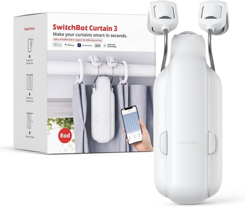 SwitchBot Automatic Curtain Opener - Bluetooth Remote Control Smart Curtain with App/Timer, Upgraded High-Performance Motor, Add SwitchBot Hub to Work with Alexa, Google Home, HomeKit (Curtain 3, Rod) SwitchBot Automatic Curtain Opener - Bluetooth Remote Control Smart Curtain with App/Timer, Upgraded High-Performance Motor, Add SwitchBot Hub to Work with Alexa, Google Home, HomeKit (Curtain 3, Rod)