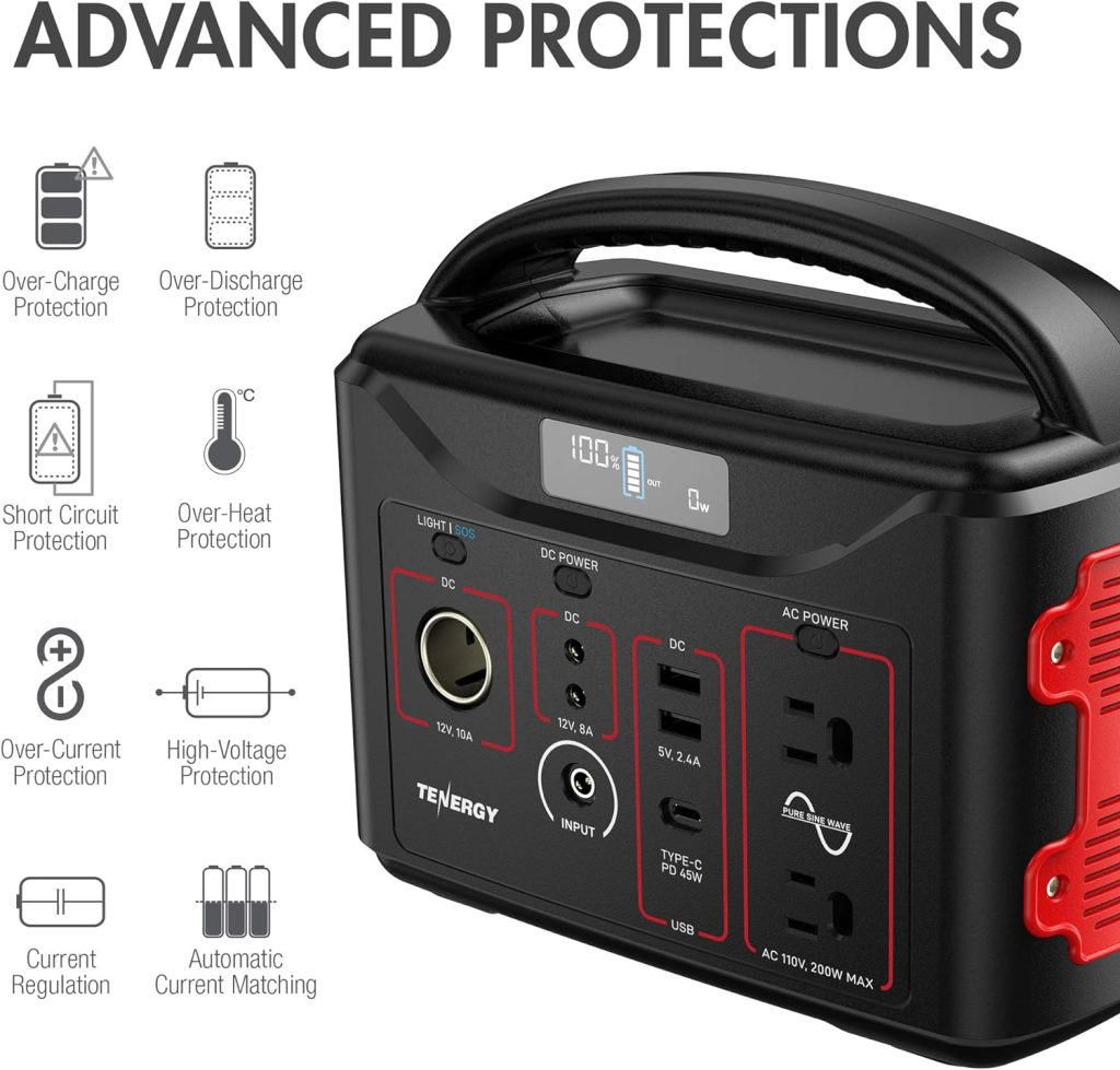 Tenergy T320 Portable Power Station, 300Wh Battery, 110V/200W (Surge 400W) Two Pure Sine Wave AC outputs, USB type C PD 45W, Solar Ready Mobile Power for Outdoors Camping Vans RV, Emergency Backup