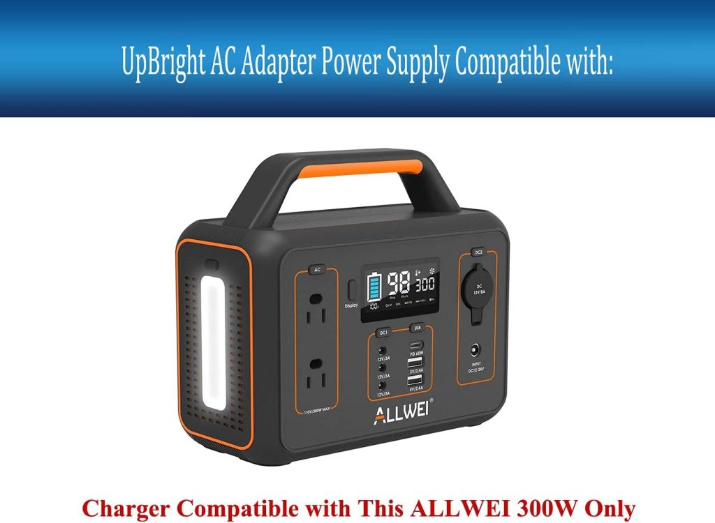 UpBright AC/DC Adapter Compatible with ALLWEI 300W 280Wh Portable Power Station Peak 600W Solar Generator 78000mAh CPAP Backup Lithium Ion 12V 8A Battery Pack SGR-PPS300-2 Supply Battery Charger UpBright AC/DC Adapter Compatible with ALLWEI 300W 280Wh Portable Power Station Peak 600W Solar Generator 78000mAh CPAP Backup Lithium Ion 12V 8A Battery Pack SGR-PPS300-2 Supply Battery Charger
