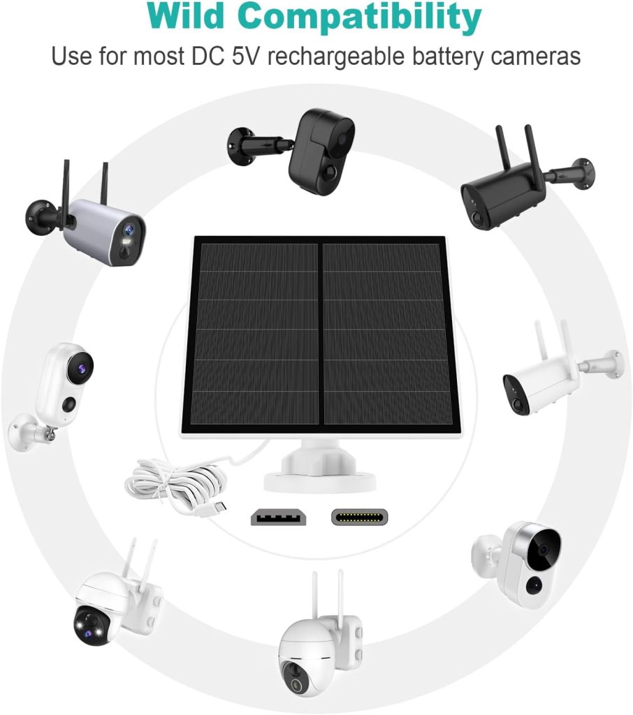 5W Solar Panel for Security Camera, USB Solar Panel for DC 5V Outdoor Rechargeable Battery Camera, Solar Panels with Micro USB and USB-C Port, Adjustable Security Mount, IP65 Waterproof, 9.8ft Cable
