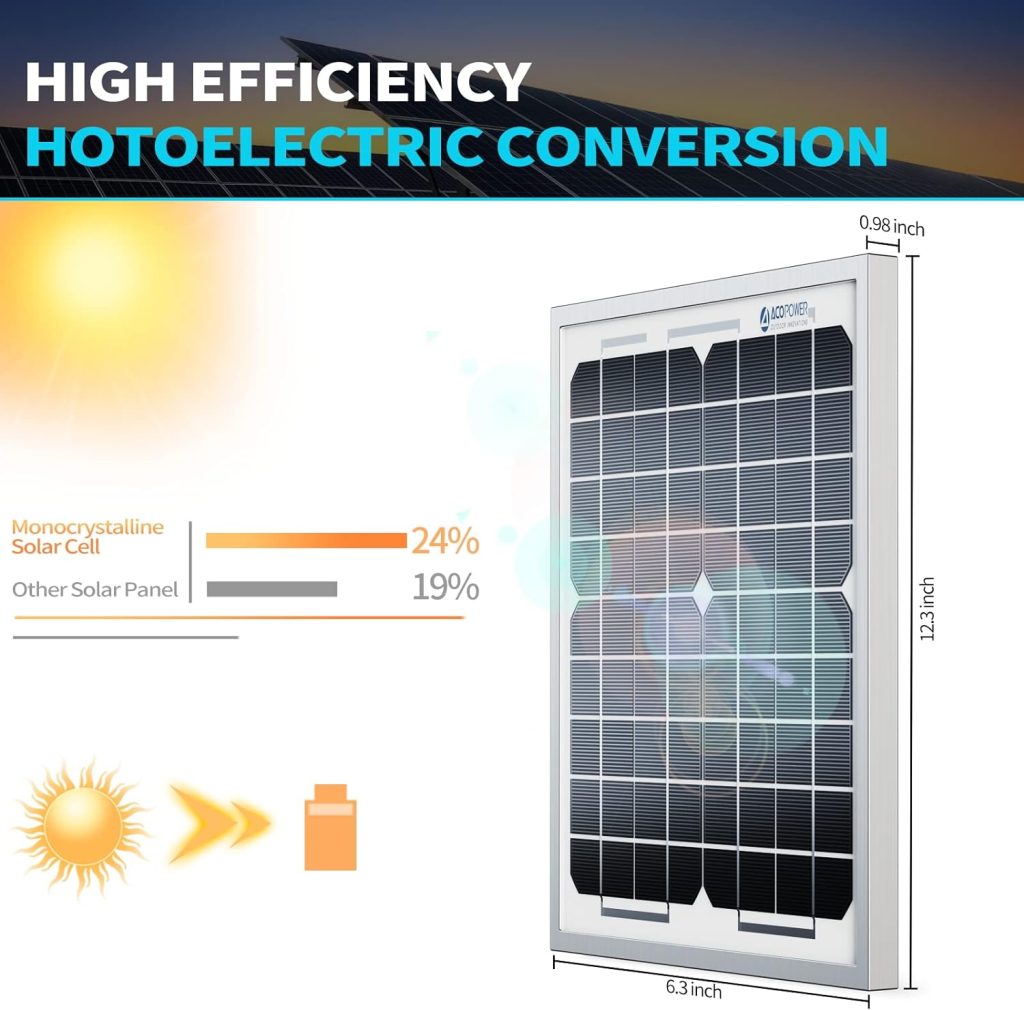 ACOPOWER 5W Solar Panel 5 Watt 12V Black Monocrystalline High-Efficiency Module Off Gird PV Power with Solar Connectors for Battery Charging Path Light