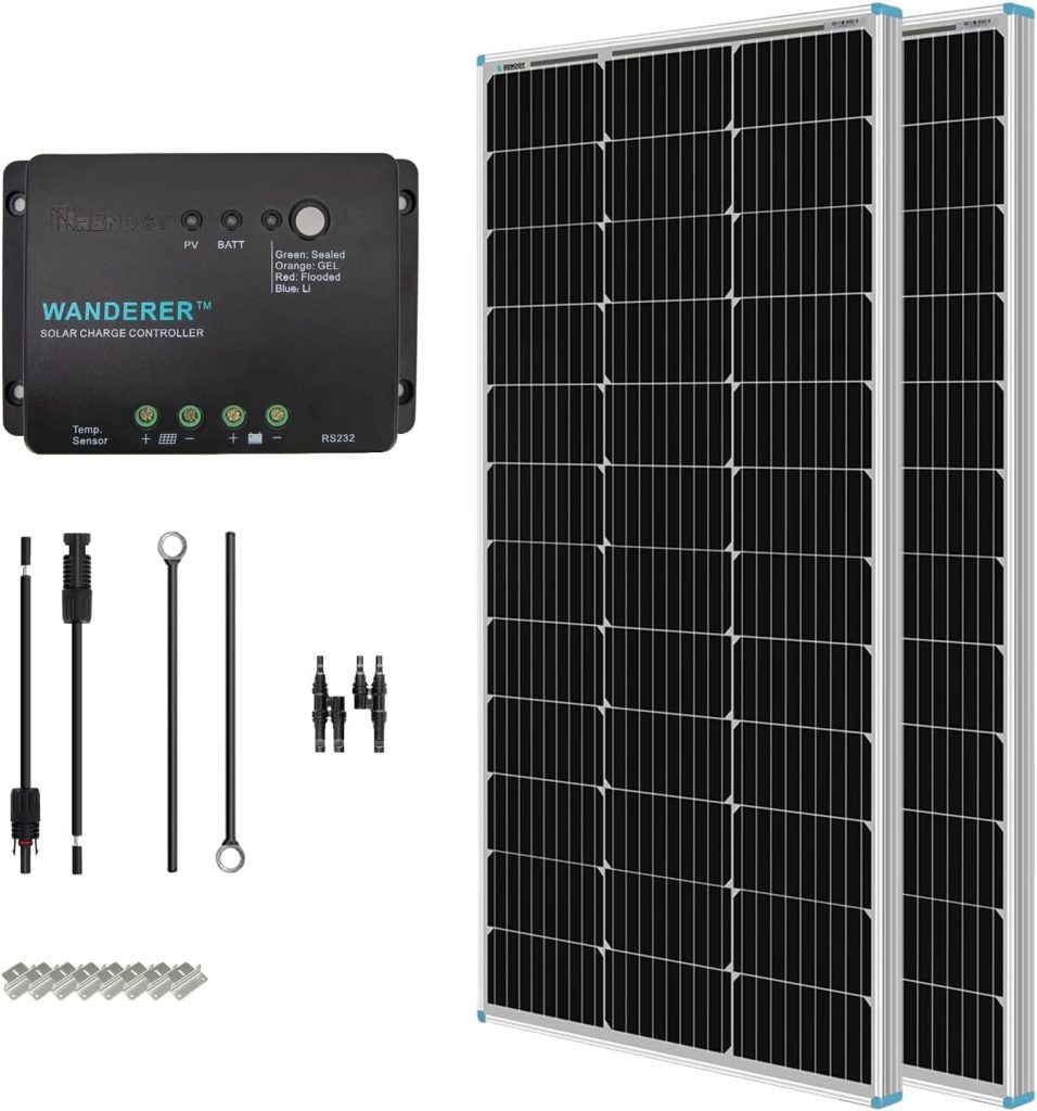 Renogy 200 Watt 12 Volt Monocrystalline Solar Panel Starter Kit with 2 Pcs 100W Solar Panel and 30A PWM Charge Controller for RV, Boats, Trailer, Camper, Marine ,Off-Grid System Renogy 200 Watt 12 Volt Monocrystalline Solar Panel Starter Kit with 2 Pcs 100W Solar Panel and 30A PWM Charge Controller for RV, Boats, Trailer, Camper, Marine ,Off-Grid System